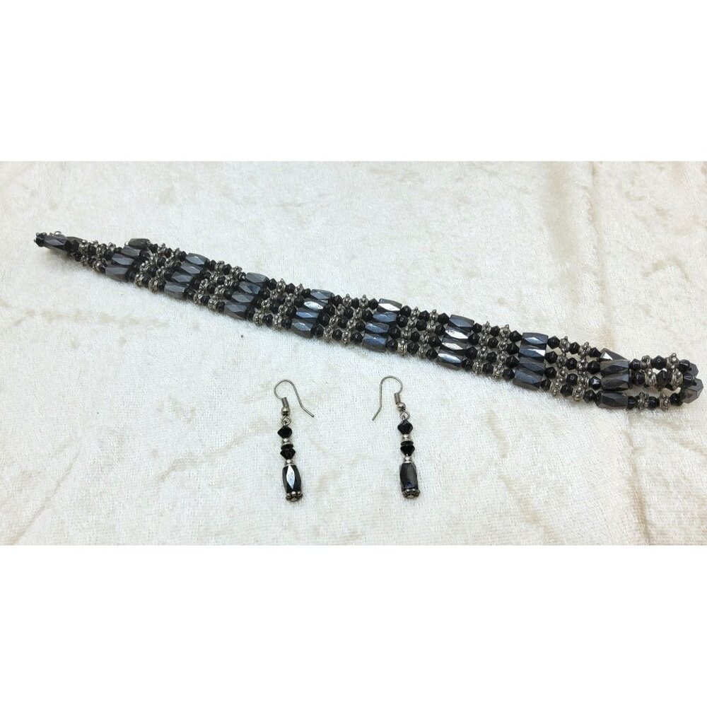 Vintage Black Magnetic Hematite Agate Beaded Necklace, Bracelet & Earring Set